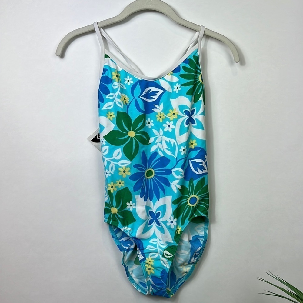 NWT L.L. Bean Floral Swimsuit One Piece Blue Green Swim Beach Kids
